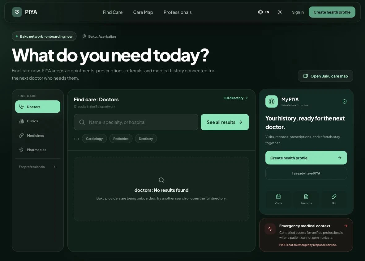 PIYA’s public care-discovery interface: doctors, clinics, medicines, and pharmacies alongside a private health-profile entry point.